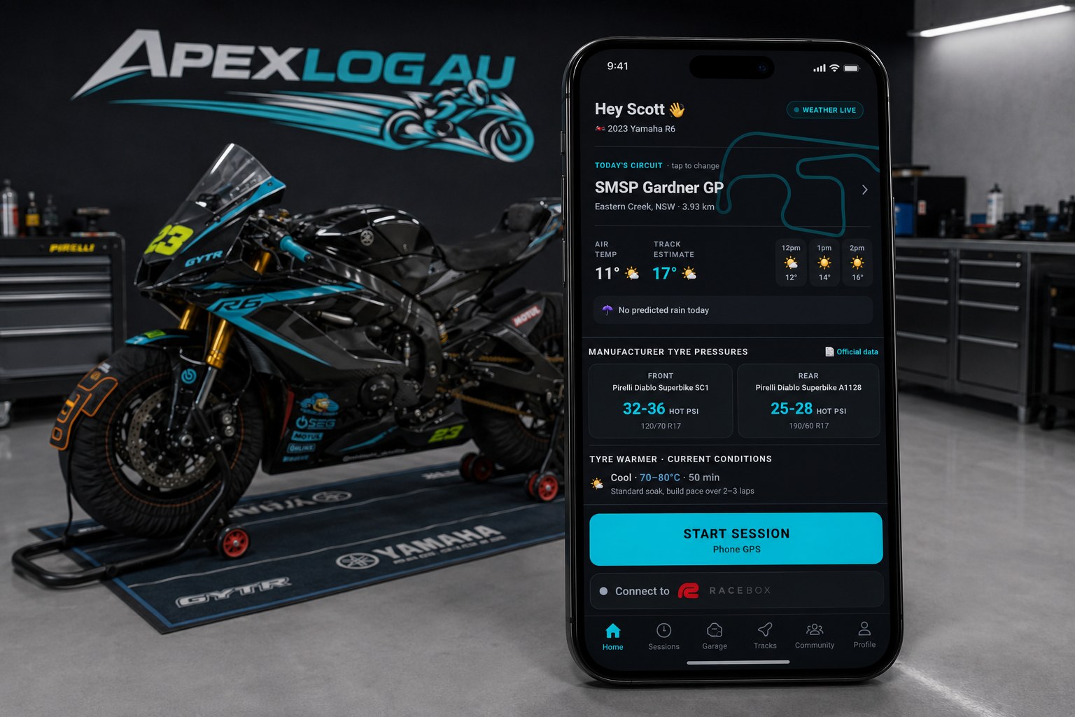 ApexLog AU running on iPhone beside a Yamaha YZF-R6 race bike