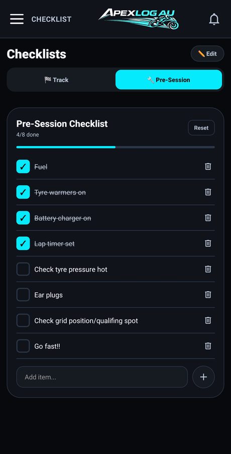 Pre-session checklist